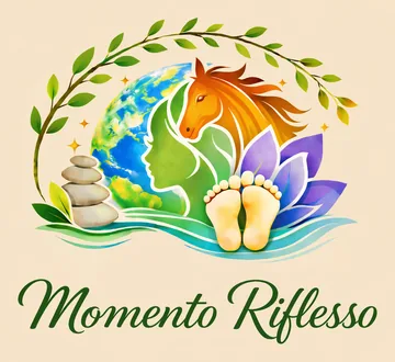 Logo di Momento Riflesso: un ramo, la Terra, un profilo di donna, un cavallo, un fiore di loto e due piedi sull’acqua